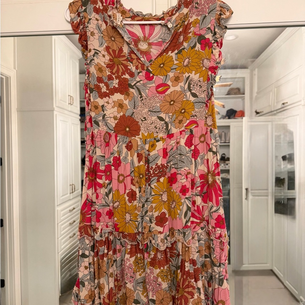 Floral Tiered V-Neck Maxi Dress in Pink & Mustard